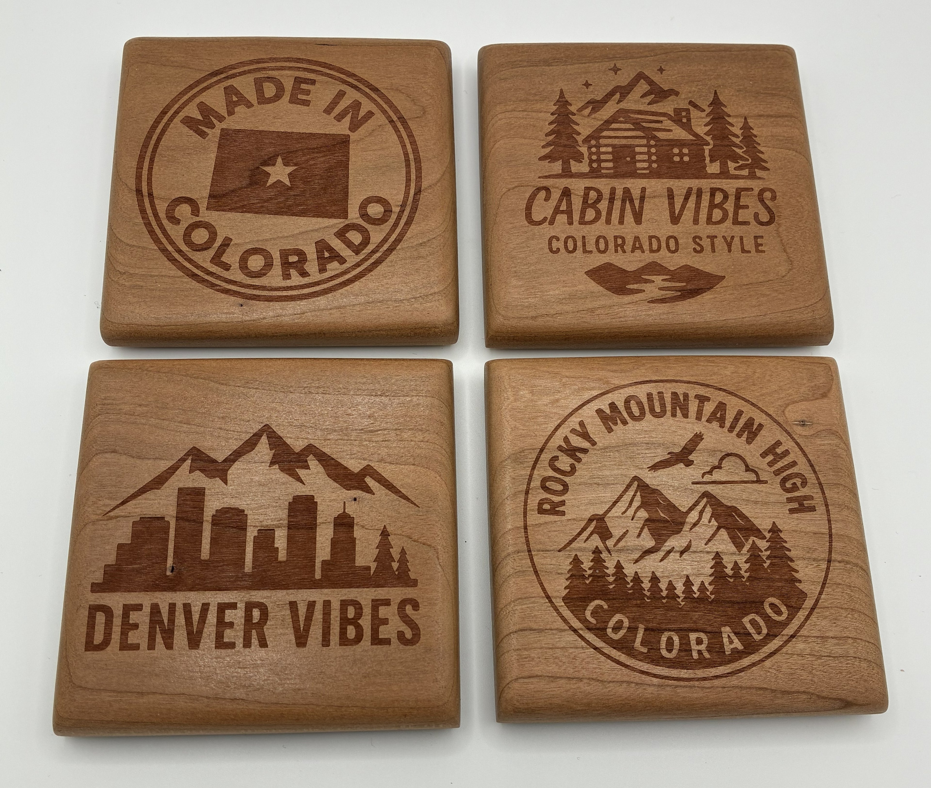 Colorado Themed Cherry Wood Coaster Set