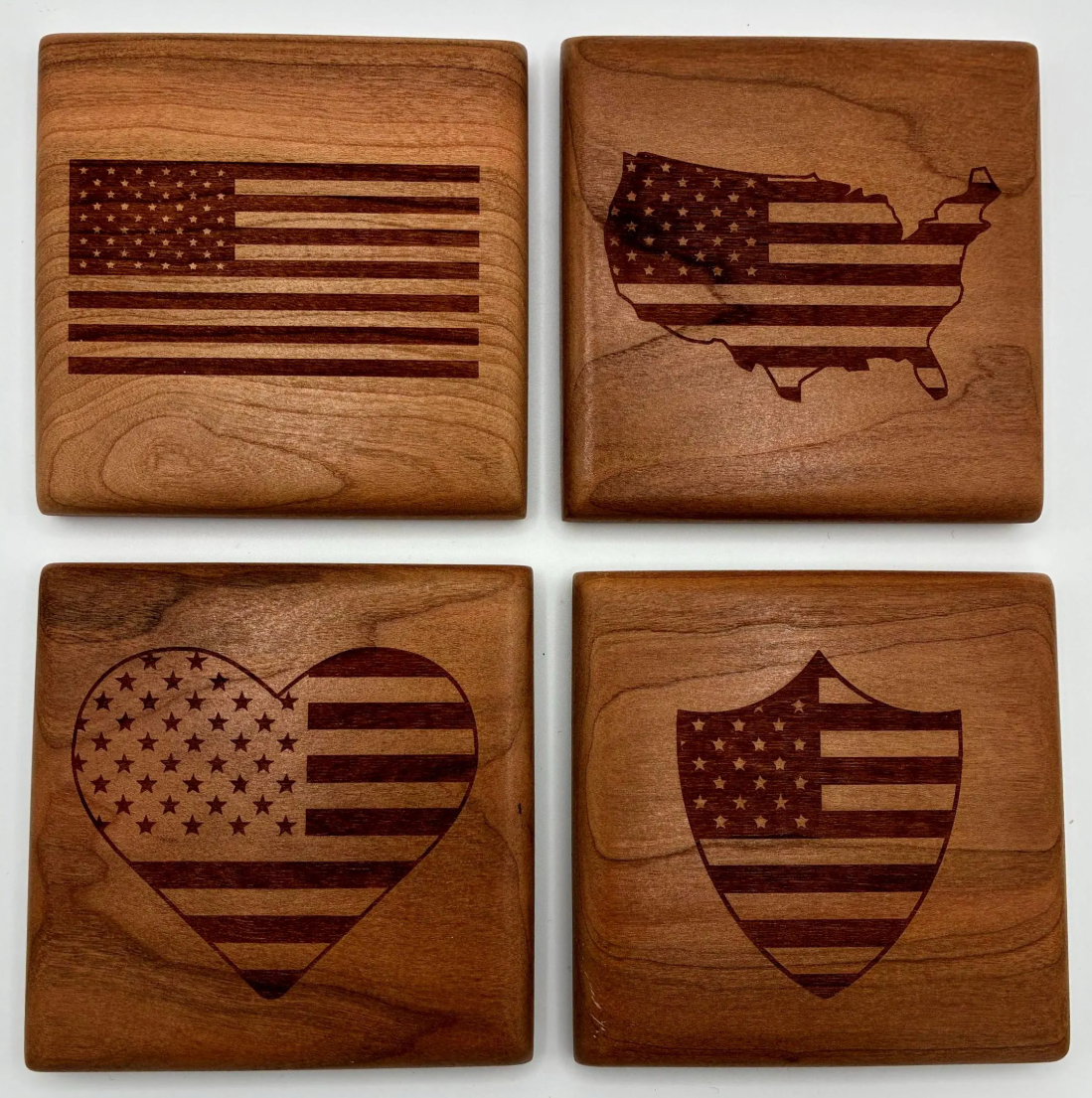 American Flag Cherry Wood Coaster Set