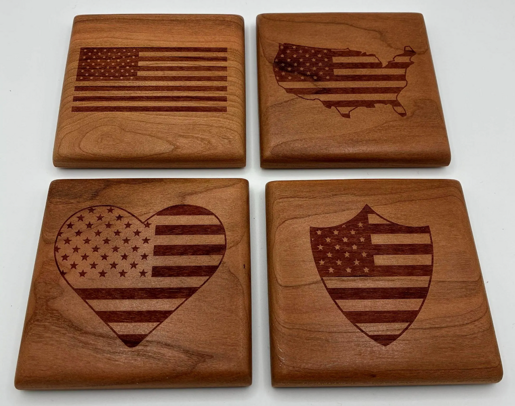 American Flag Cherry Wood Coaster Set