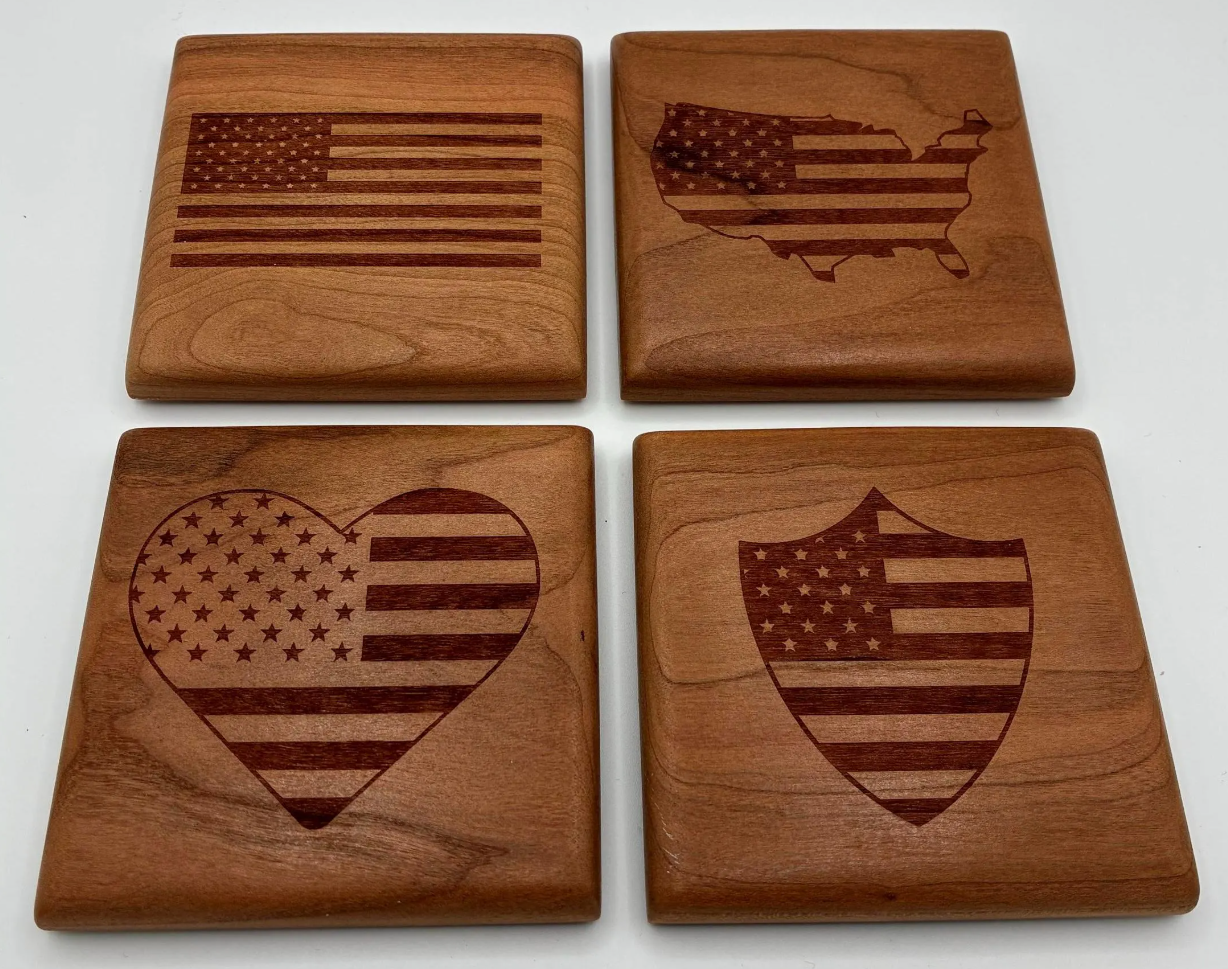 American Flag Cherry Wood Coaster Set