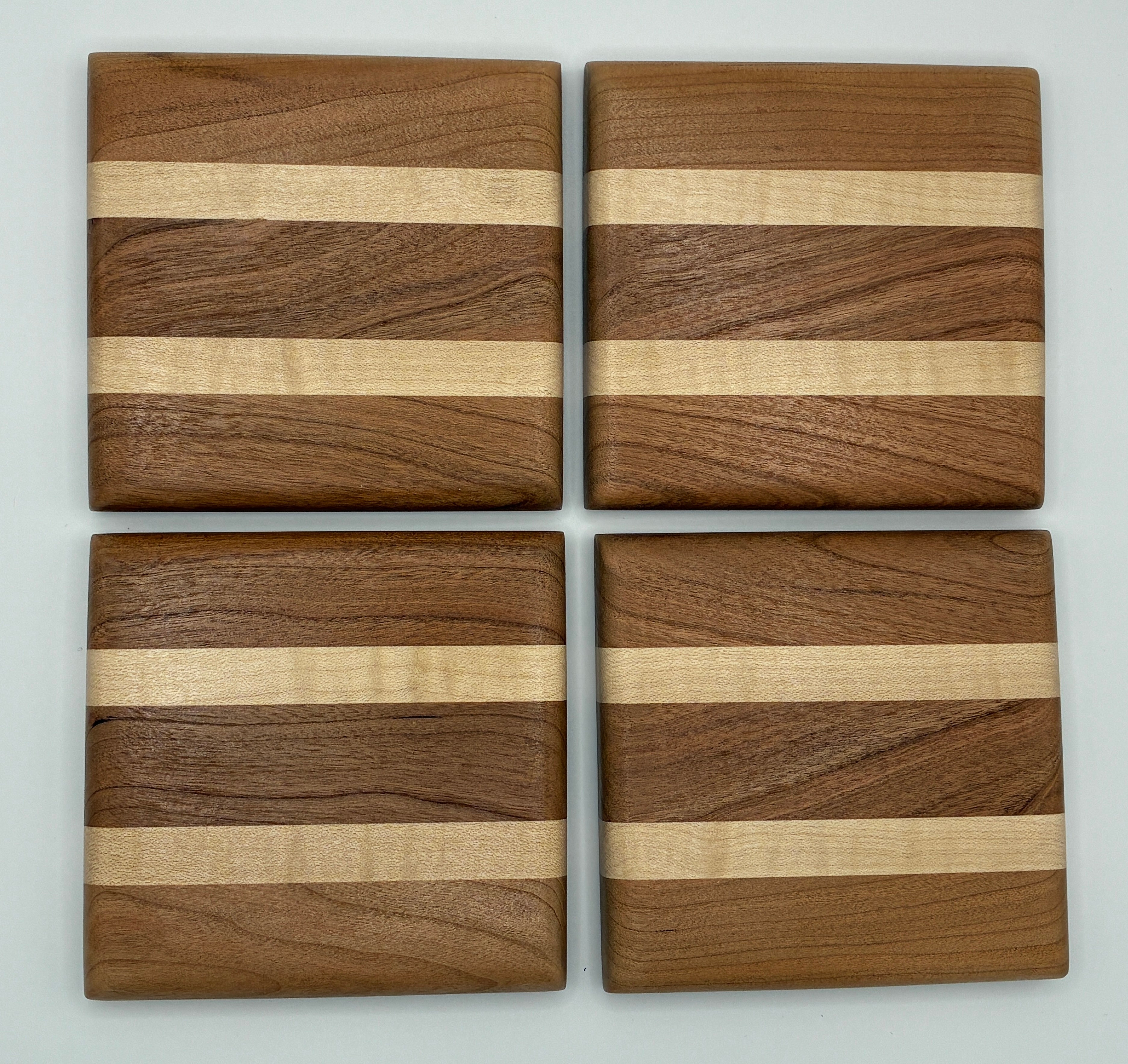 Cherry with Maple Strips Wood Coaster Set