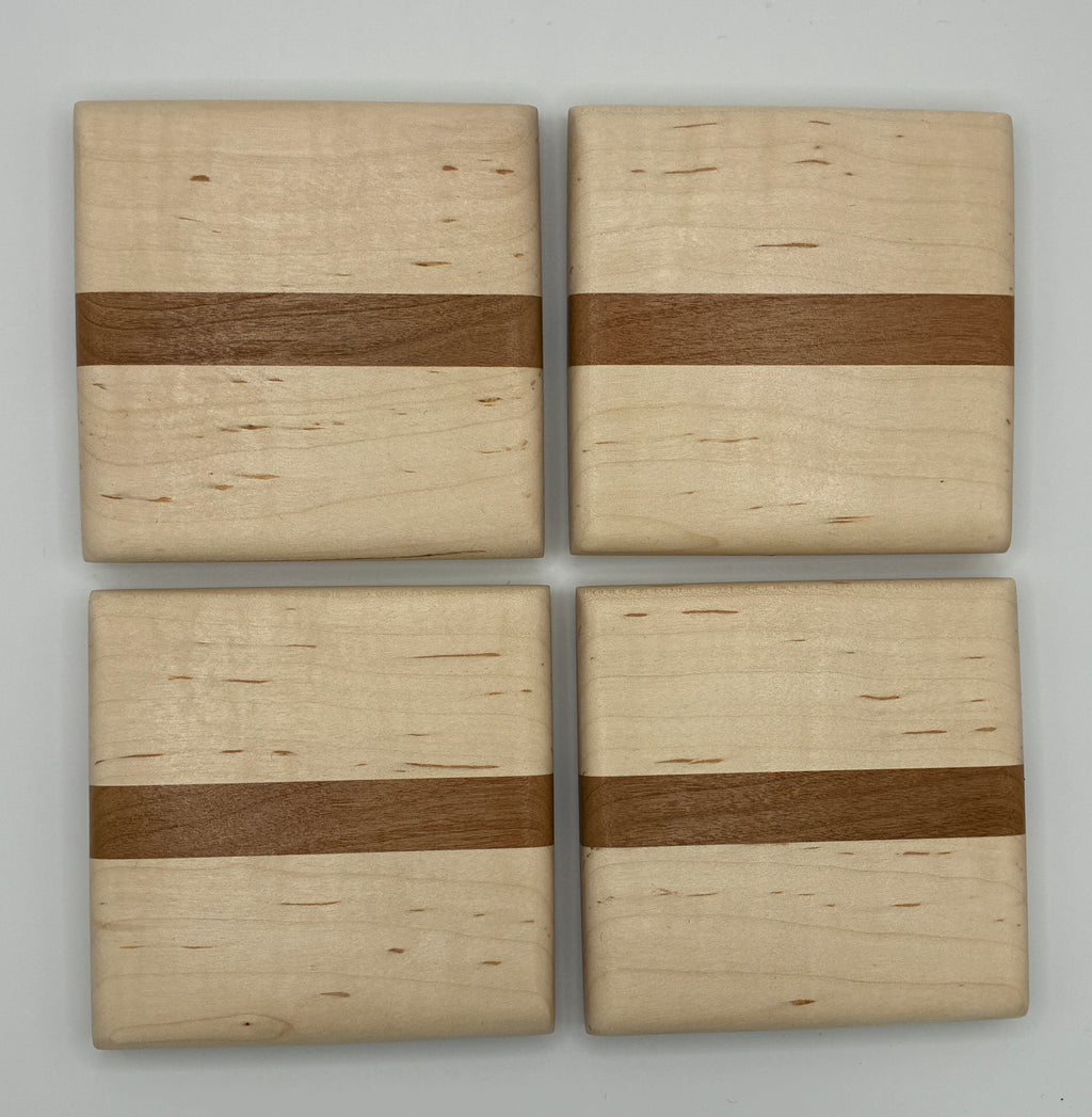 Maple with Cherry Strip Wood Coaster Set