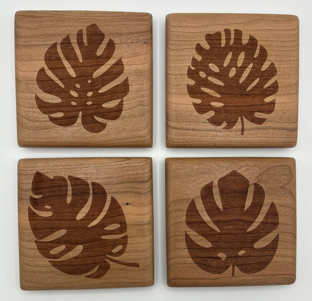 Monstera Leaf Cherry Wood Coaster Set