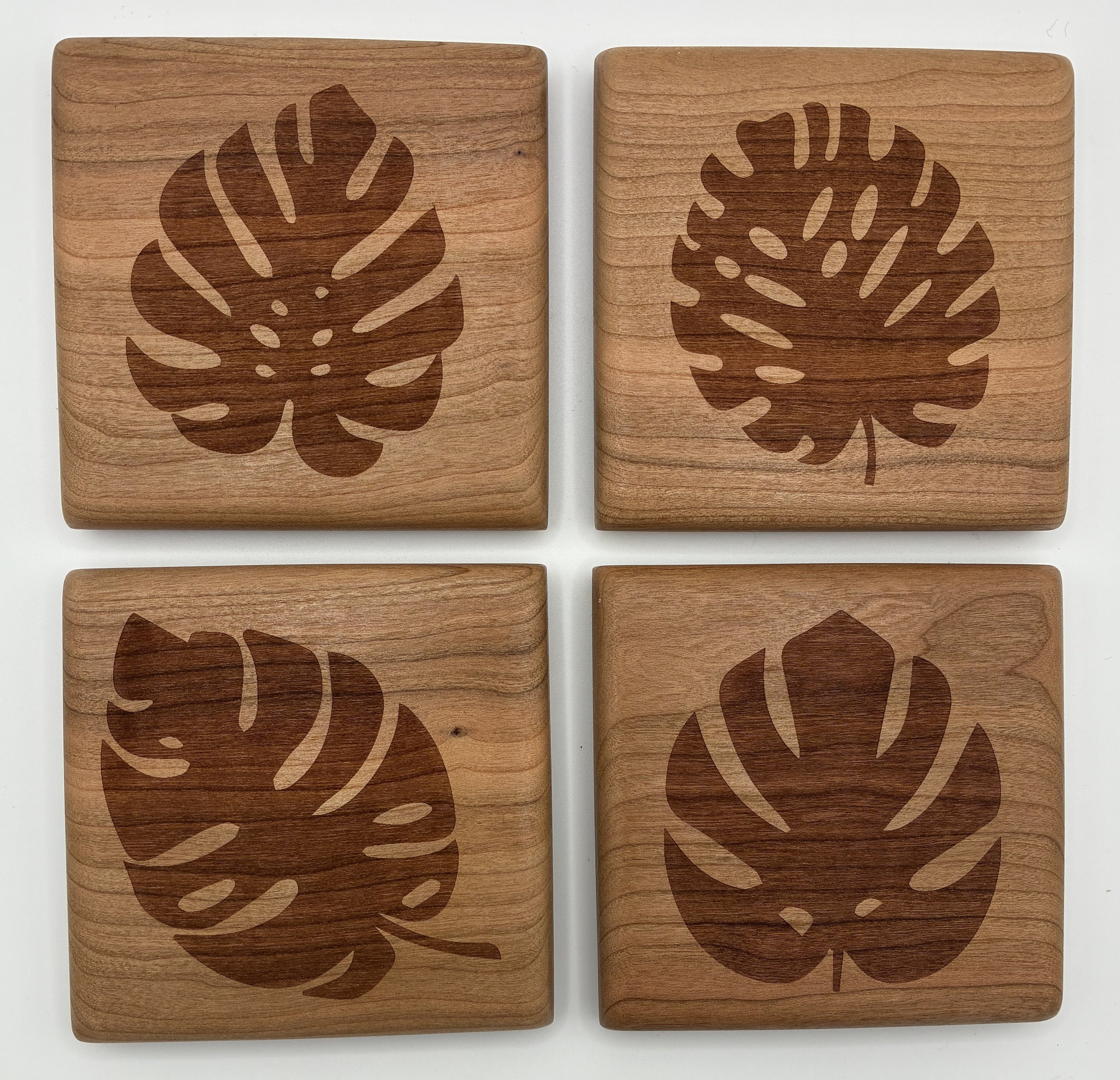 Monstera Leaf Cherry Wood Coaster Set