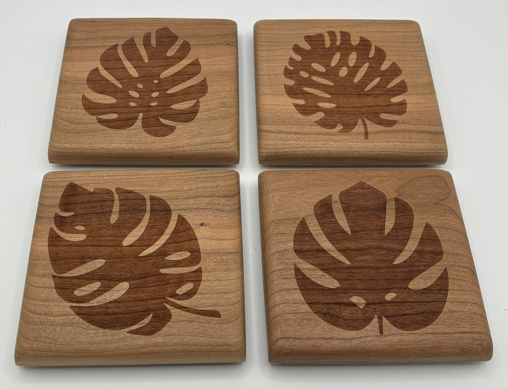 Monstera Leaf Cherry Wood Coaster Set