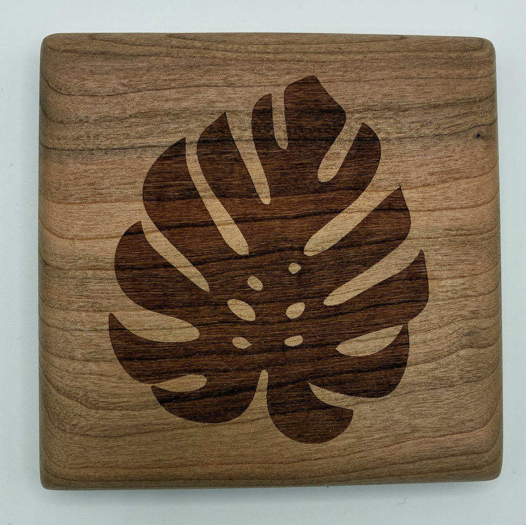 Monstera Leaf Cherry Wood Coaster Set