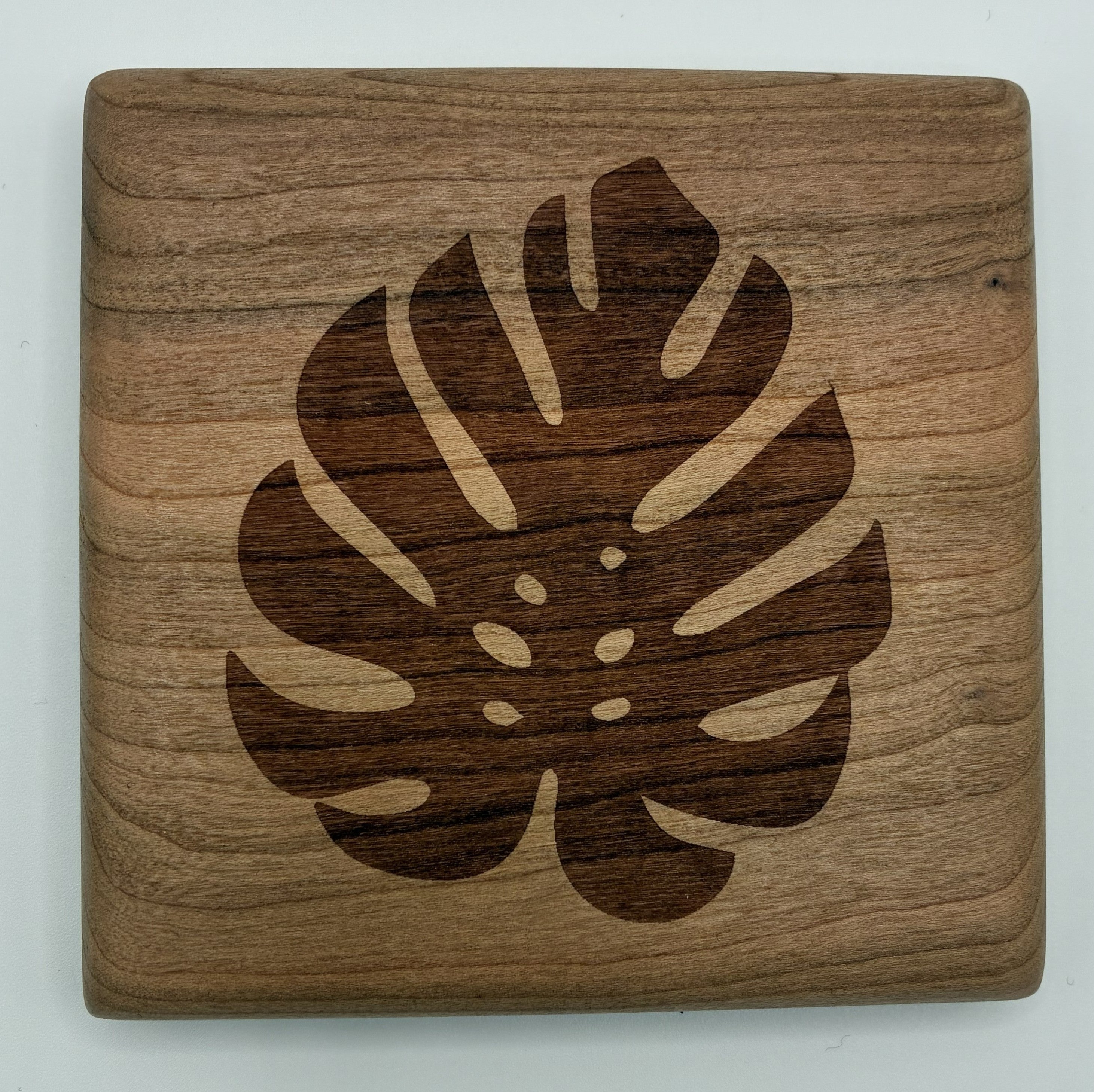Monstera Leaf Cherry Wood Coaster Set