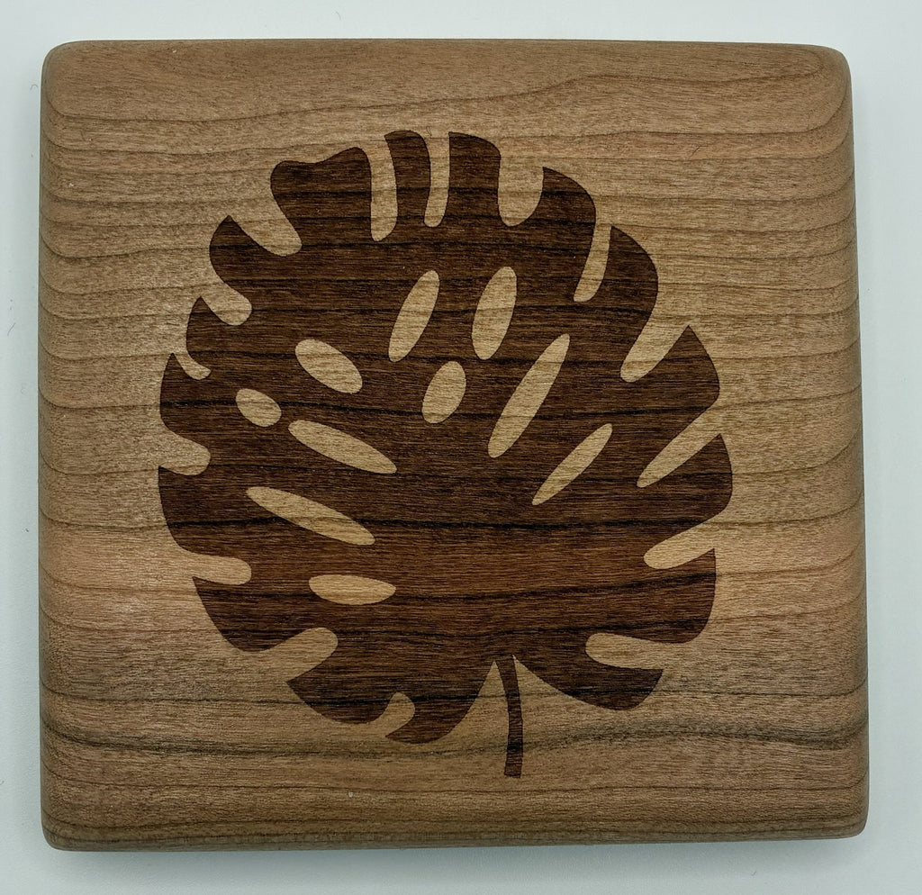 Monstera Leaf Cherry Wood Coaster Set