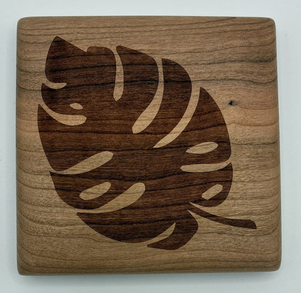 Monstera Leaf Cherry Wood Coaster Set