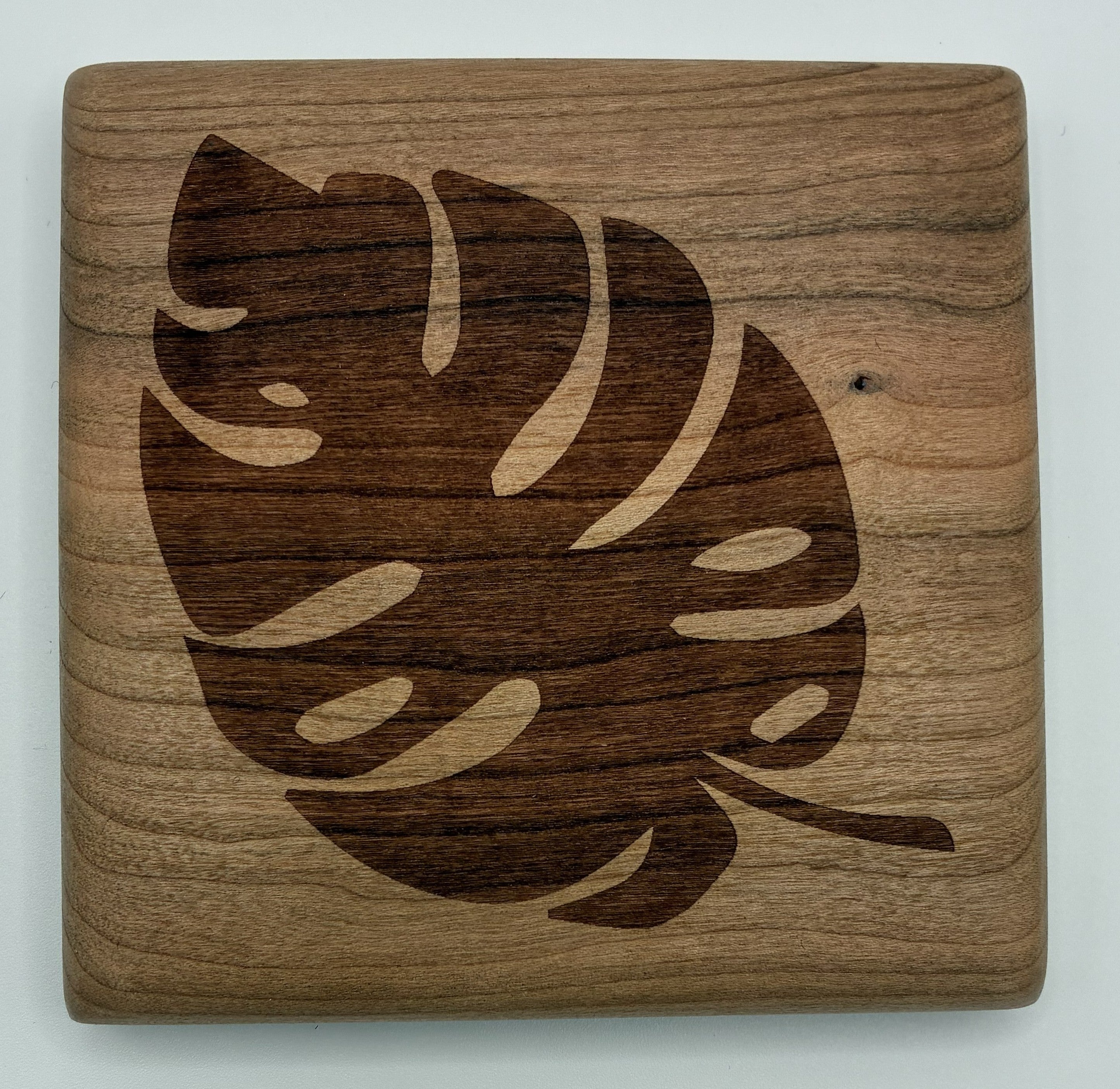 Monstera Leaf Cherry Wood Coaster Set