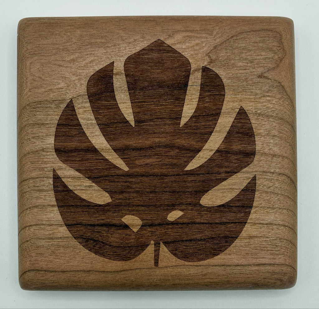 Monstera Leaf Cherry Wood Coaster Set